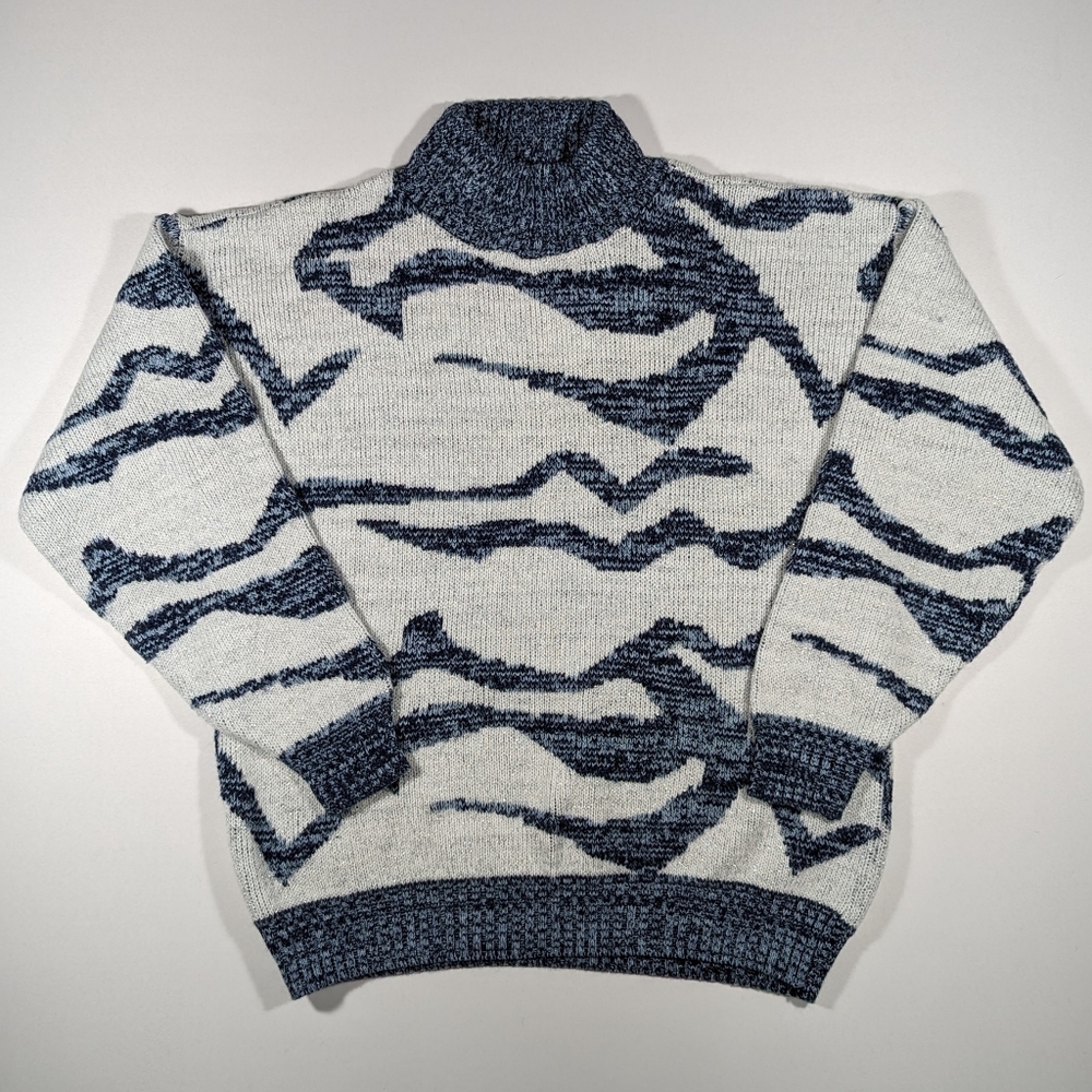 Vintage 80s Weathered Blues Tiger Striped Women's Sweater Turtle Neck Size Med
